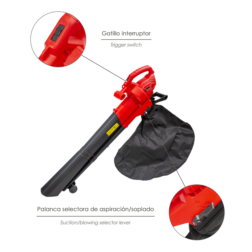 Aspirador Soplador Hojas Jardin - Potencia: 3.000 Watt. - Velocidad sin carga: 12.000 / 15.000 R.P.M. - Volumen de aire m&aacute;x.: 13,2 m3 / min. - Velocidad m&aacute;xima del aire: 270 km/h. - Capacidad bolsa recolectora: 35 litros. - Bolsa recolectora con cremallera. - 2 ruedas gu&iacute;a. - Triple Funci&oacute;n: Aspirador / Soplador / Triturador. - Relaci&oacute;n de trituraci&oacute;n: 10:1. - Longitud del cable: 35 cm. - Peso: 2,30kg. - Gracias al aspirador soplador puede limpiar las hojas y suciedad que se acumula en los jardines o zonas de arboles. Con la funci&oacute;n de trituraci&oacute;n disminuye significativamente el volumen de las hojas. composicion
