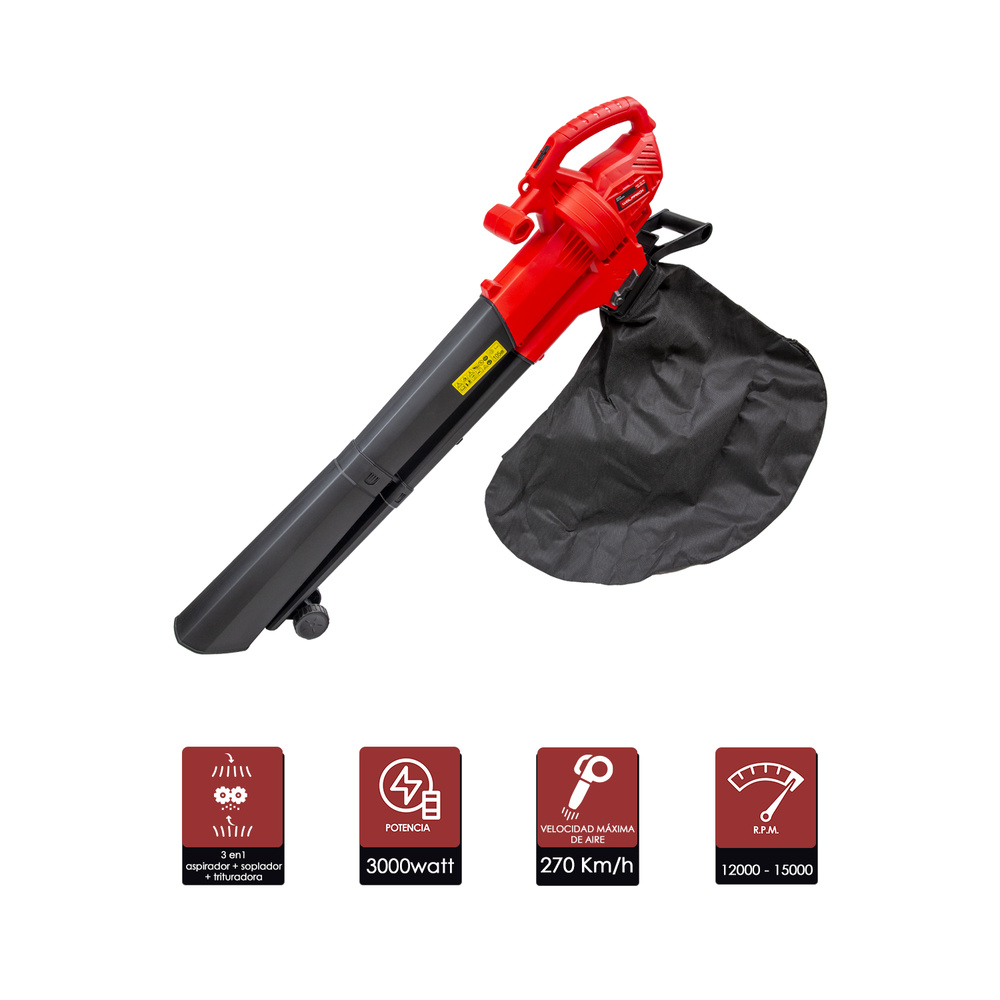 Aspirador Soplador Hojas Jardin - Potencia: 3.000 Watt. - Velocidad sin carga: 12.000 / 15.000 R.P.M. - Volumen de aire m&aacute;x.: 13,2 m3 / min. - Velocidad m&aacute;xima del aire: 270 km/h. - Capacidad bolsa recolectora: 35 litros. - Bolsa recolectora con cremallera. - 2 ruedas gu&iacute;a. - Triple Funci&oacute;n: Aspirador / Soplador / Triturador. - Relaci&oacute;n de trituraci&oacute;n: 10:1. - Longitud del cable: 35 cm. - Peso: 2,30kg. - Gracias al aspirador soplador puede limpiar las hojas y suciedad que se acumula en los jardines o zonas de arboles. Con la funci&oacute;n de trituraci&oacute;n disminuye significativamente el volumen de las hojas. composicion