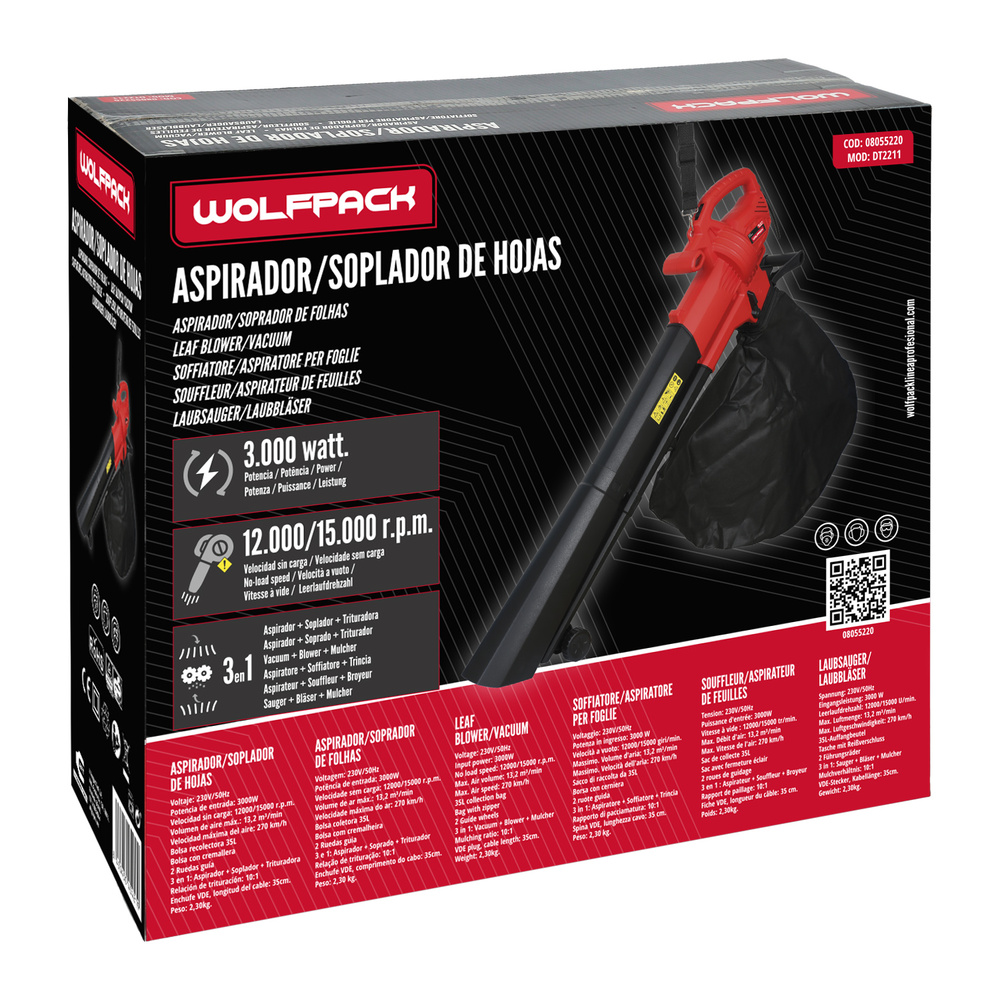 Aspirador Soplador Hojas Jardin - Potencia: 3.000 Watt. - Velocidad sin carga: 12.000 / 15.000 R.P.M. - Volumen de aire m&aacute;x.: 13,2 m3 / min. - Velocidad m&aacute;xima del aire: 270 km/h. - Capacidad bolsa recolectora: 35 litros. - Bolsa recolectora con cremallera. - 2 ruedas gu&iacute;a. - Triple Funci&oacute;n: Aspirador / Soplador / Triturador. - Relaci&oacute;n de trituraci&oacute;n: 10:1. - Longitud del cable: 35 cm. - Peso: 2,30kg. - Gracias al aspirador soplador puede limpiar las hojas y suciedad que se acumula en los jardines o zonas de arboles. Con la funci&oacute;n de trituraci&oacute;n disminuye significativamente el volumen de las hojas. composicion