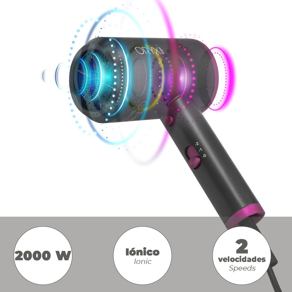 Secador Pelo 2000 Watt Oryx -Medidas: 17 x 20 cm - Voltaje: 220 - 240 V, 50 - 60 Hz - Peso: 0,46 Kg - Tamaño compacto: diseño ligero que lo convierte en la opción perfecta para llevar en tu maleta. - Función iónica: para un secado libre de encrespamiento, cuidando su cabello. - 2 Velocidades. - Incluye cabezal difusor y concentrador. - Con regulador de potencia. - Función golpe de frío. - Artículo también conocido como secador, secador pelo, secador iónico, secador pelo ionico, secador profesional, secador pelo profesional, etc. 3