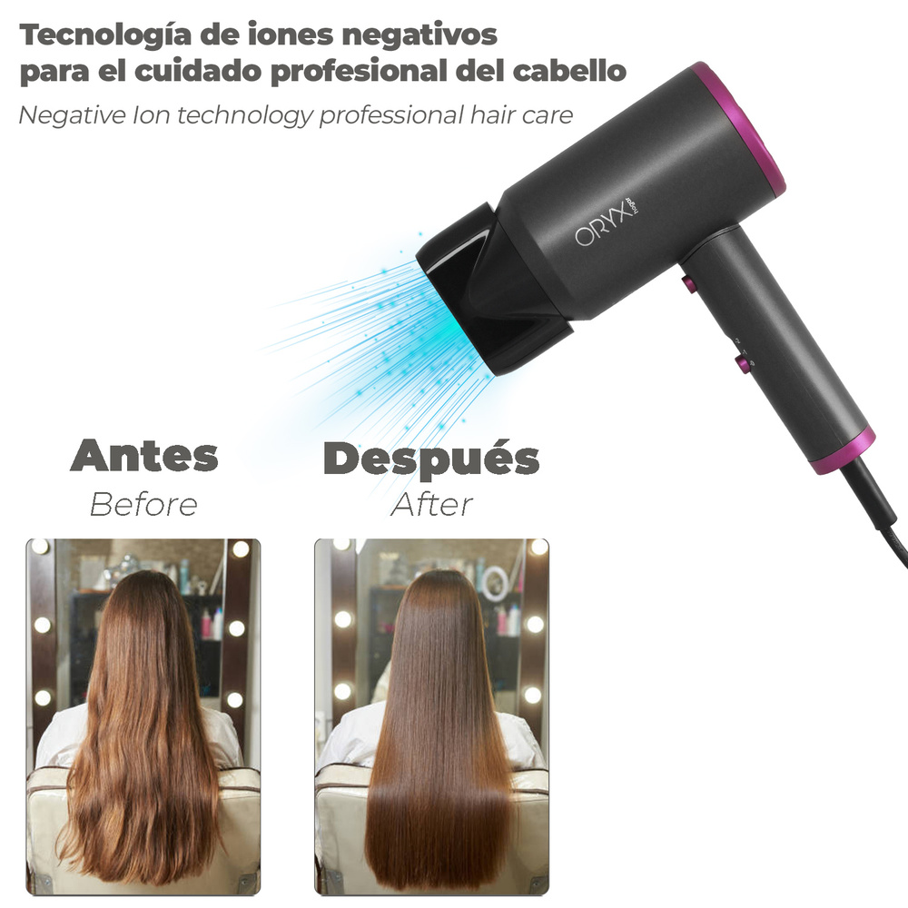 Secador Pelo 2000 Watt Oryx -Medidas: 17 x 20 cm - Voltaje: 220 - 240 V, 50 - 60 Hz - Peso: 0,46 Kg - Tamaño compacto: diseño ligero que lo convierte en la opción perfecta para llevar en tu maleta. - Función iónica: para un secado libre de encrespamiento, cuidando su cabello. - 2 Velocidades. - Incluye cabezal difusor y concentrador. - Con regulador de potencia. - Función golpe de frío. - Artículo también conocido como secador, secador pelo, secador iónico, secador pelo ionico, secador profesional, secador pelo profesional, etc. 4