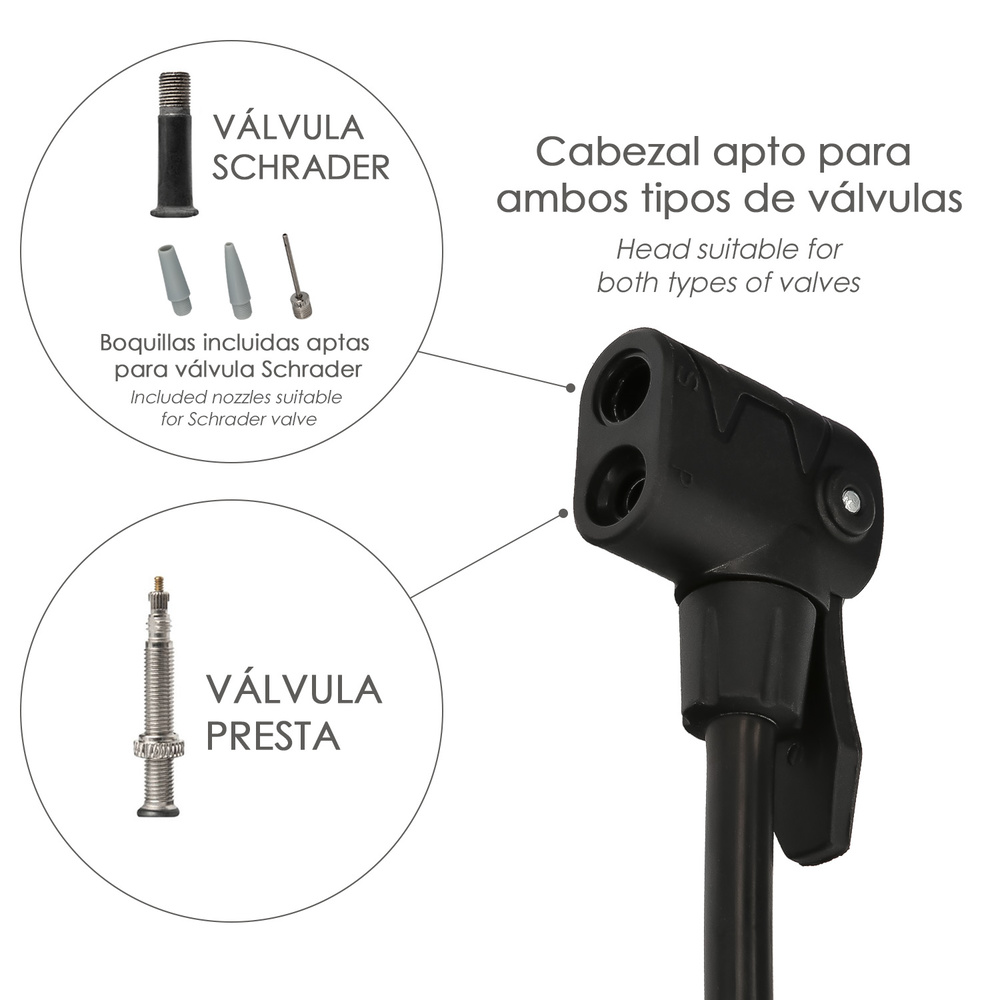 BOMBA INFLAR CON MANOMETRO. DOBLE BOQUILLA PARA VALVULA PRESTA Y SCHRADER. CON ADAPTADORES. Ø 32 X 500 MM. ACCESORIOS