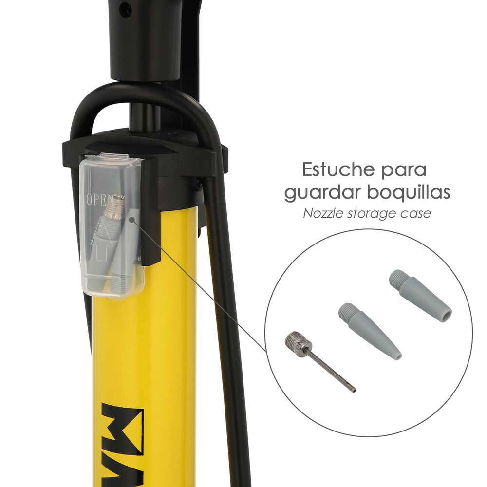 BOMBA INFLAR CON MANOMETRO 5,5 BARES. VALVULAS SCHRADER Y PRESTA CON ADAPTADORES. BASE PLASTICO COMPLEMENTOS