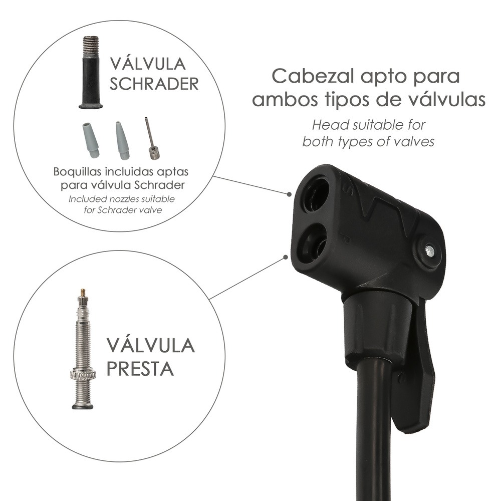 BOMBA INFLAR CON MANOMETRO 5,5 BARES. VALVULAS SCHRADER Y PRESTA CON ADAPTADORES. BASE PLASTICO  ACCESORIOS