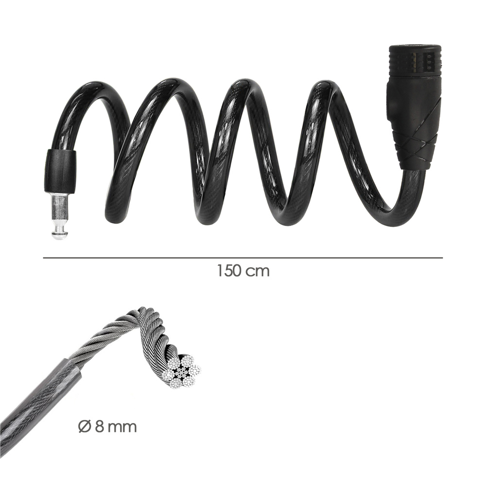Cable Bicicleta Espiral Con Llave &Oslash; 8 mm. x 150 cm. medidas