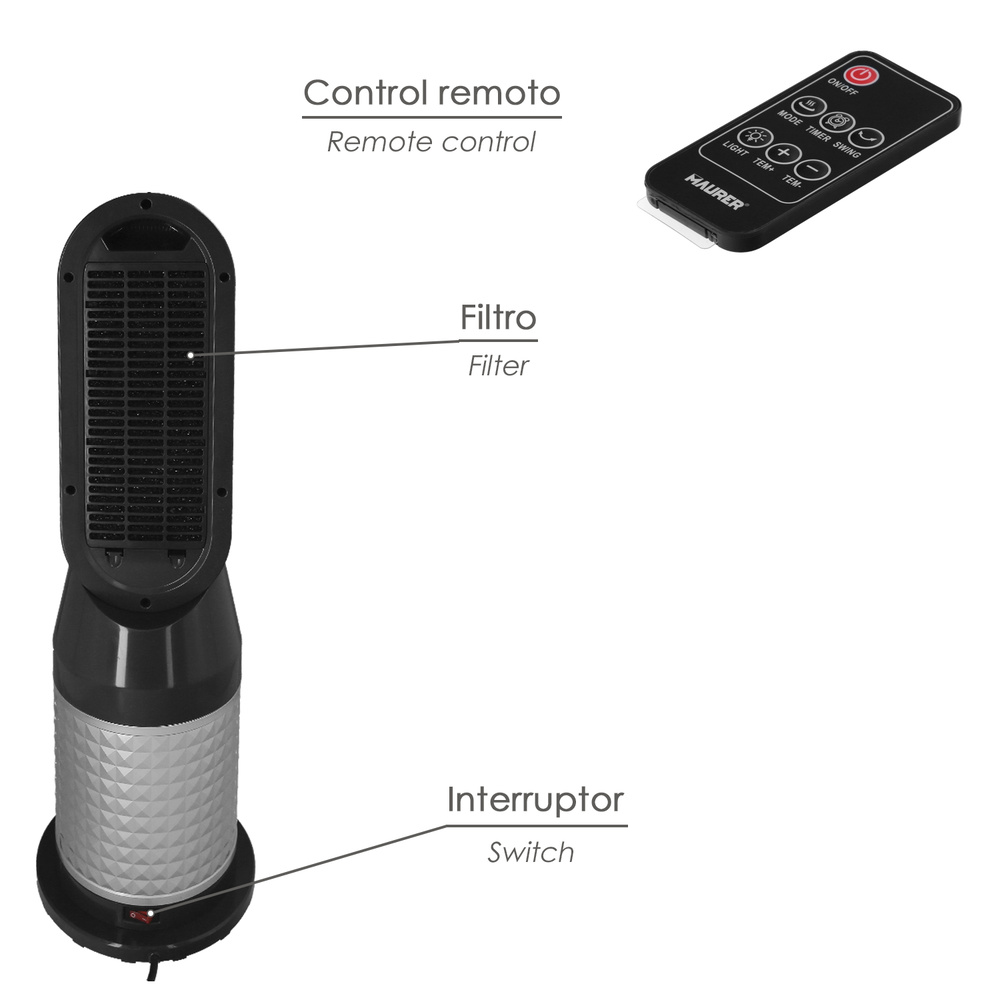 Termoventilador Ceramico Oscilante Con Mando 1.300 / 2.000 Watt. Temporizador 12 Horas. 5