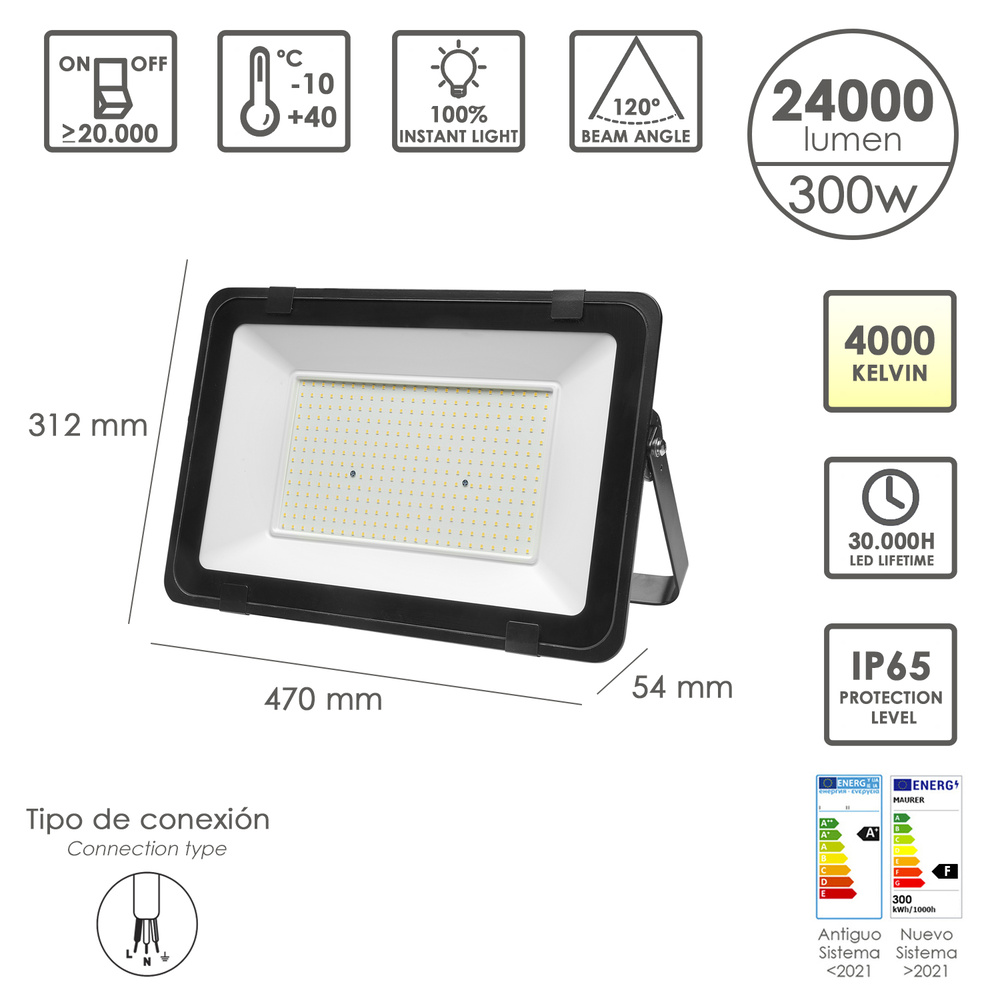 FOCO LED PLANO 300 WATT. 24000 LUMENS. LUZ BLANCA 4000ºK PROTECCIÓN IP65. CUERPO ALUMINIO