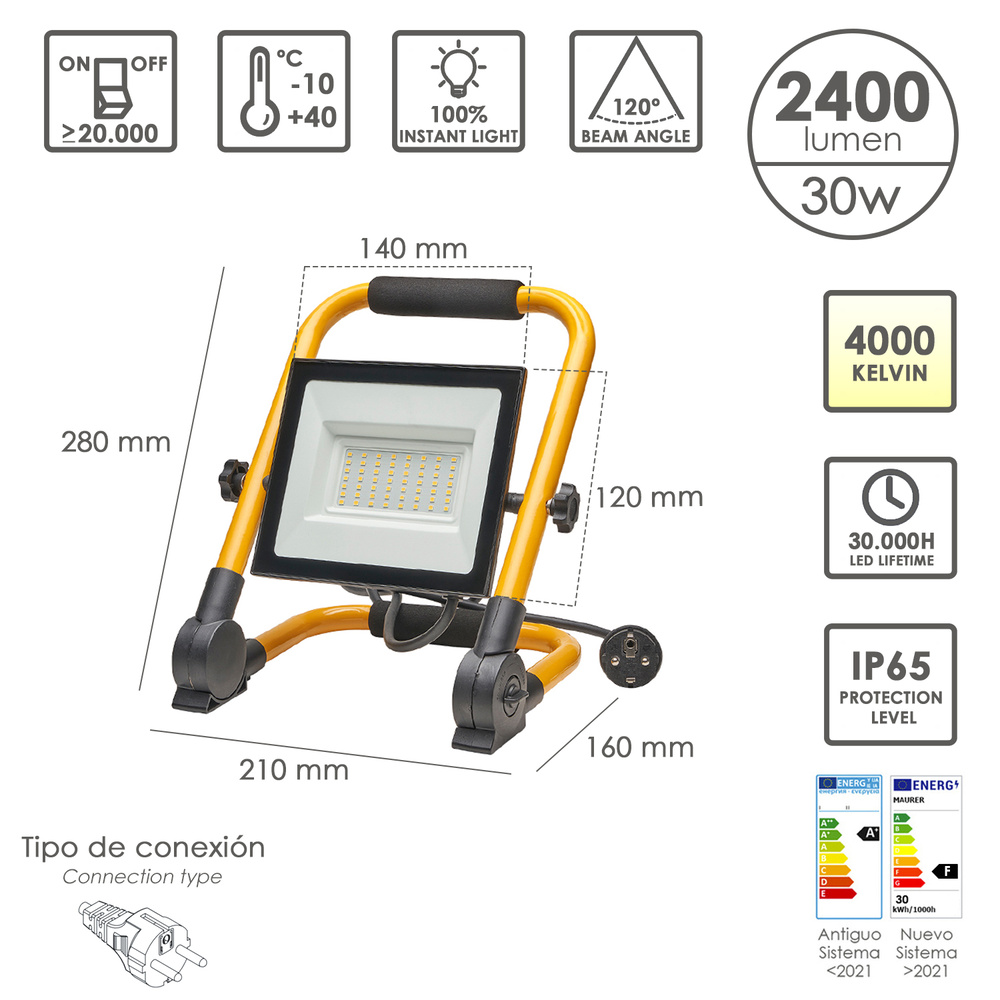 FOCO LED PLANO 30 WATT. LUZ BLANCA 4000º K IP 65 2400 LUMENES CON ASA DE TRANSPORTE