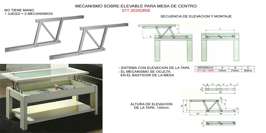 Juego bisagra elevable para mesa centro