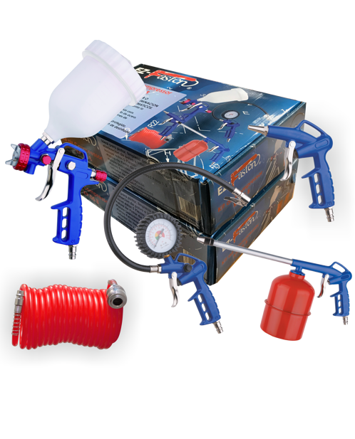 KP 05 B  Kit de aire para compresor.  Ideal para Pintar, Limpiar o desengrasar motores o maquinaria, eliminación de polvo e hinchado de neumáticos. -Ligero y ergonómico para aumentar la comodidad de uso. -Pistola de deposito alto para mas usos. -Pistola de petrolear con deposito de acero. -Pistola sopladora para aplicaciones de limpieza y secado. -Inflador de NEUMÁTICOS con reloj protegido, y doble escala BAR y PSI, con botón de desinflado.