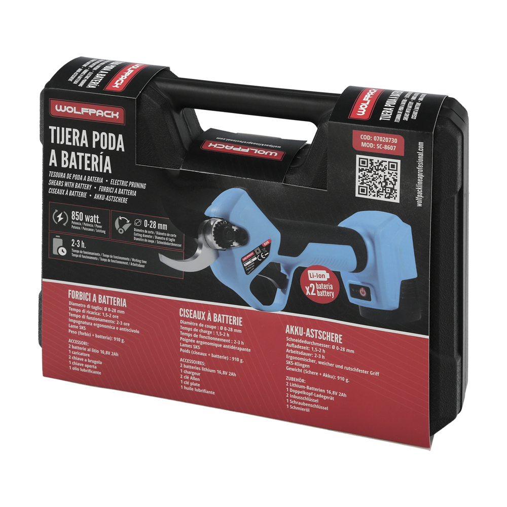 Tijera Podar A Bateria - Voltaje: 21 V/2Ah. - Potencia: 850 watt. - Diámetro de corte: Ø0-28mm - Duración de la batería: 2-3 horas. - Empuñadura ergonomico con revestimiento Soft Grip. - Se necesitan 1 batería de 21v necesarias para el funcionamiento de la tijera. - Maletín y dos baterías incluidos. - Artículo conocido como tijera podar, tijeras de podar, tijeras eléctricas, tijeras podar bateria, tijeras podar eléctricas. 