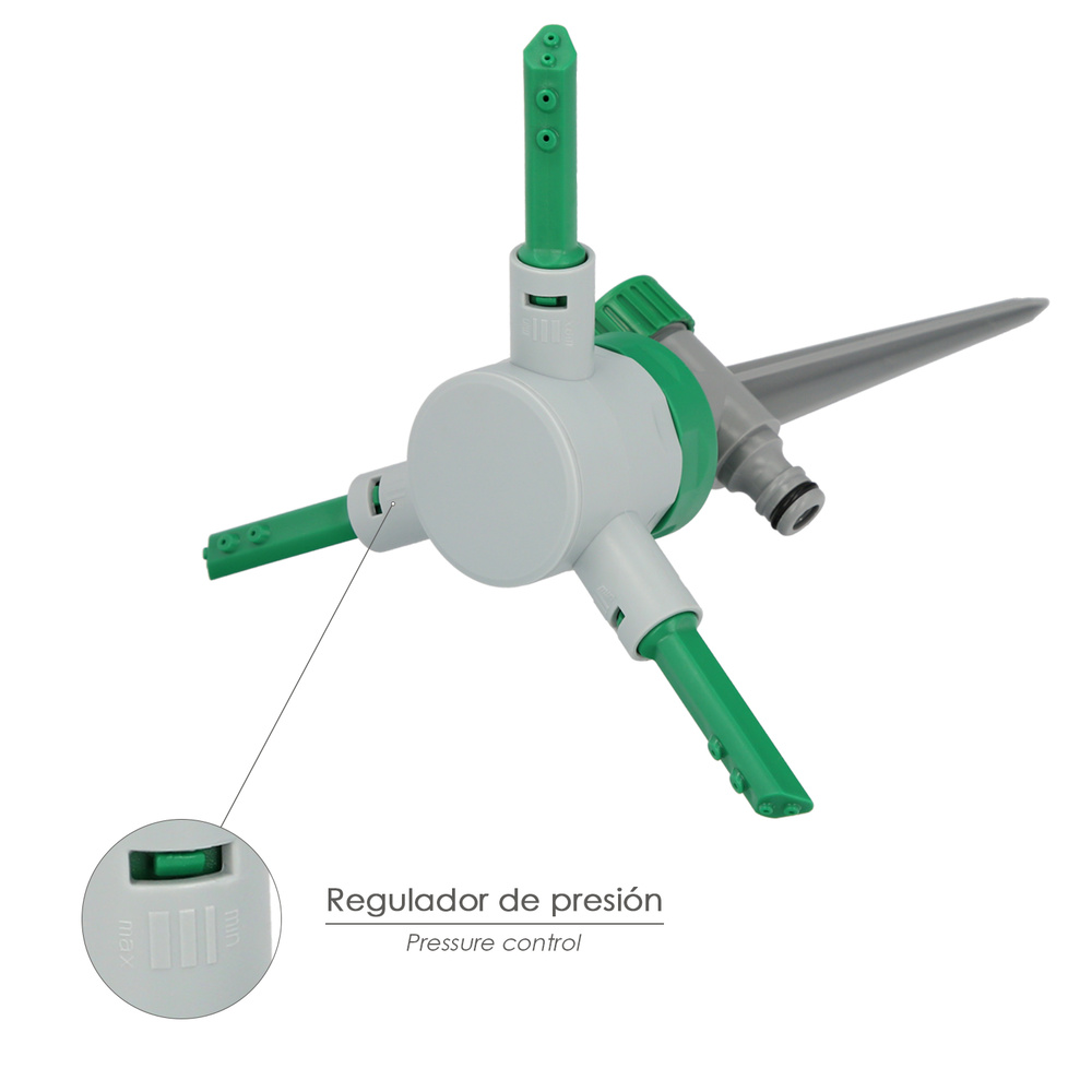 Aspersor plástico giratorio 3 brazos con pincho - Aspersor y pincho realizado en plastico. - Cada brazo cuenta con reguladores de presión y ajustar la superfecie de riego a sus necesidades. - Cuenta con 1 conector rapido para la entrada de agua y rosca macho 1" para la salida de agua. - Puede enlazar varios aspersores usando diferentes adaptadores y mangueras. - Ideal para trabajos de jardinería. selecccion de presion