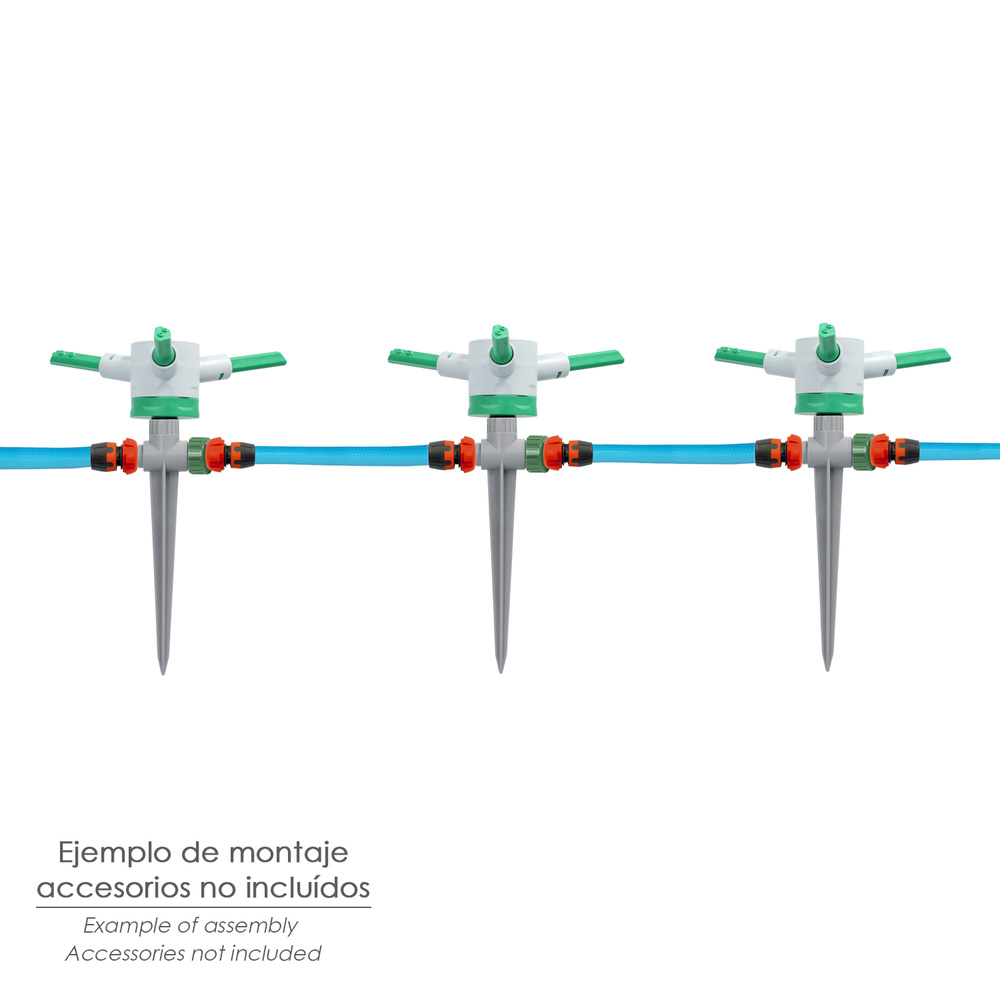 Aspersor plástico giratorio 3 brazos con pincho - Aspersor y pincho realizado en plastico. - Cada brazo cuenta con reguladores de presión y ajustar la superfecie de riego a sus necesidades. - Cuenta con 1 conector rapido para la entrada de agua y rosca macho 1" para la salida de agua. - Puede enlazar varios aspersores usando diferentes adaptadores y mangueras. - Ideal para trabajos de jardinería. en serie