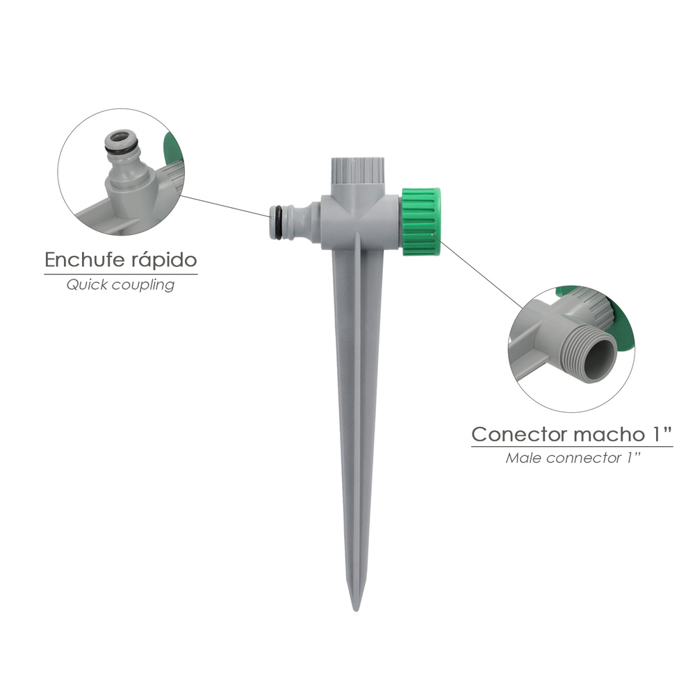 Aspersor plástico giratorio 3 brazos con pincho - Aspersor y pincho realizado en plastico. - Cada brazo cuenta con reguladores de presión y ajustar la superfecie de riego a sus necesidades. - Cuenta con 1 conector rapido para la entrada de agua y rosca macho 1" para la salida de agua. - Puede enlazar varios aspersores usando diferentes adaptadores y mangueras. - Ideal para trabajos de jardinería. rosca