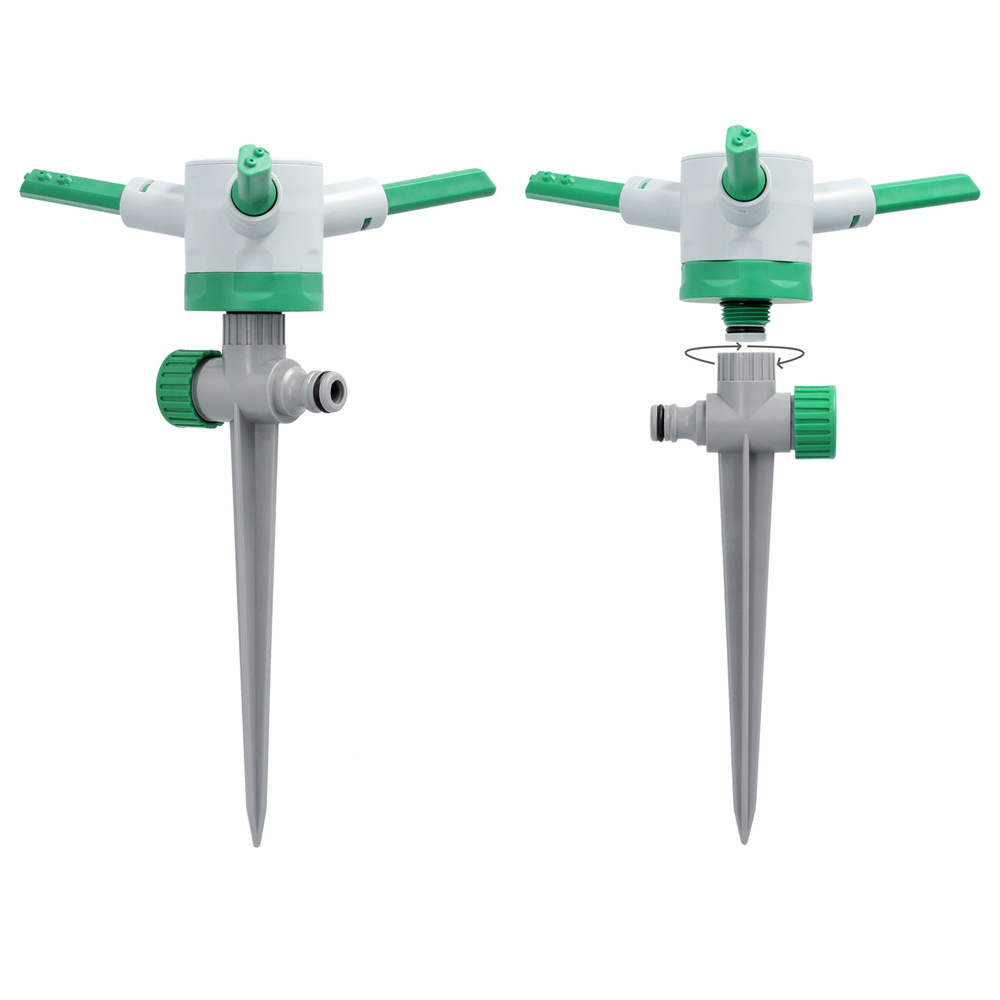 Aspersor plástico giratorio 3 brazos con pincho - Aspersor y pincho realizado en plastico. - Cada brazo cuenta con reguladores de presión y ajustar la superfecie de riego a sus necesidades. - Cuenta con 1 conector rapido para la entrada de agua y rosca macho 1" para la salida de agua. - Puede enlazar varios aspersores usando diferentes adaptadores y mangueras. - Ideal para trabajos de jardinería. 
