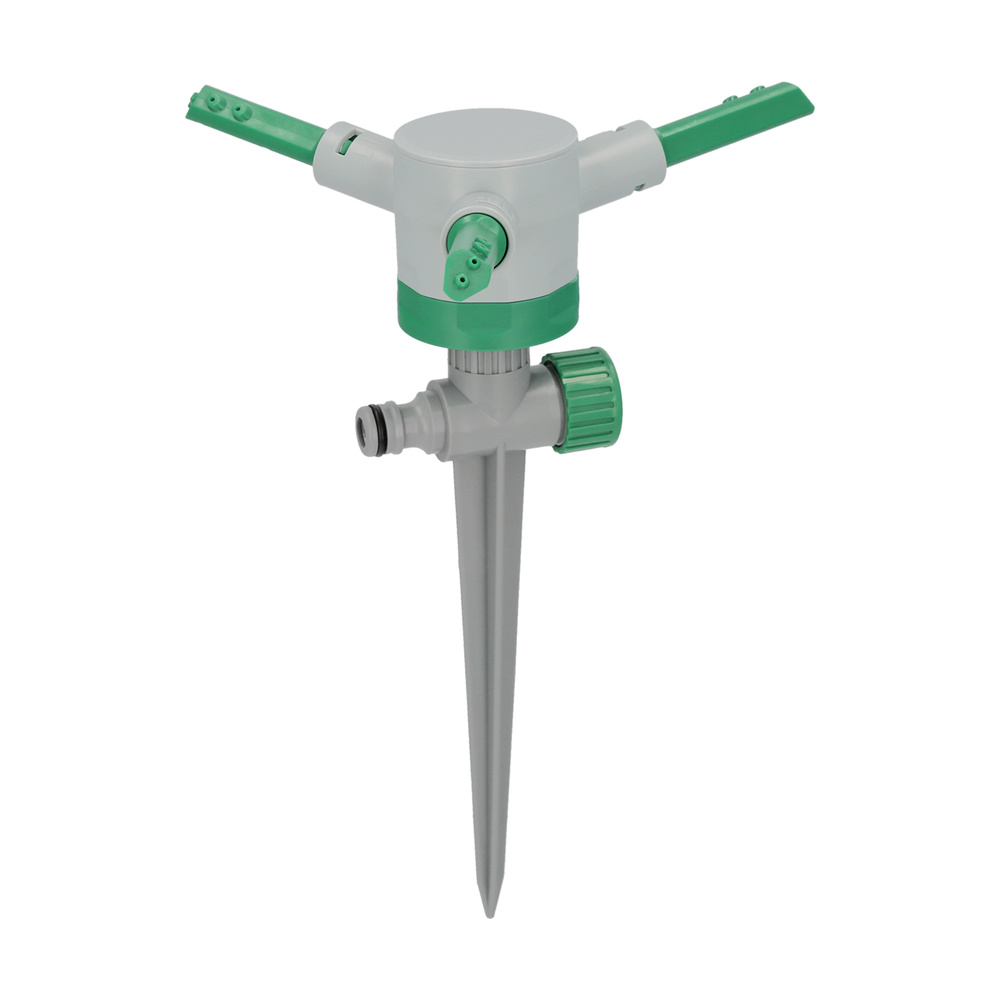 Aspersor plástico giratorio 3 brazos con pincho - Aspersor y pincho realizado en plastico. - Cada brazo cuenta con reguladores de presión y ajustar la superfecie de riego a sus necesidades. - Cuenta con 1 conector rapido para la entrada de agua y rosca macho 1" para la salida de agua. - Puede enlazar varios aspersores usando diferentes adaptadores y mangueras. - Ideal para trabajos de jardinería.