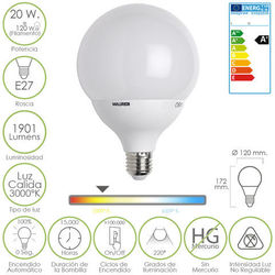 Bombilla Led Globo E27 20 W. = 120 W. Luz Cálida 3000 º K.